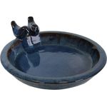 colourliving | Vogeltränke Winterfest rund 30 cm | Noble Keramik glasiert | Vogelbad mit 2 Deko Vögel | Vobelbecken Garten (antik-blau)
