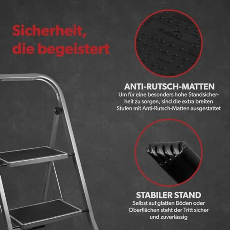siwitec Klapptritt aus Stahl mit 2 Stufen, anthrazit, kleine Leiter mit Anti-Rutschmatten, 150 kg Traglast, TÜV/GS Zertifiziert,Klappleiter, Tritthocker – Bild 4