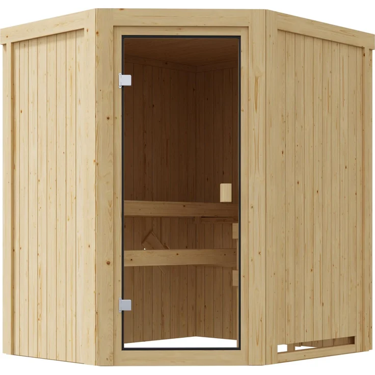 Karibu Innensauna Divna, kompakte Sauna mit 2 Liegen, Saunaofen 3,6 kW, bronzierte Ganzglastür, Eckeinstieg