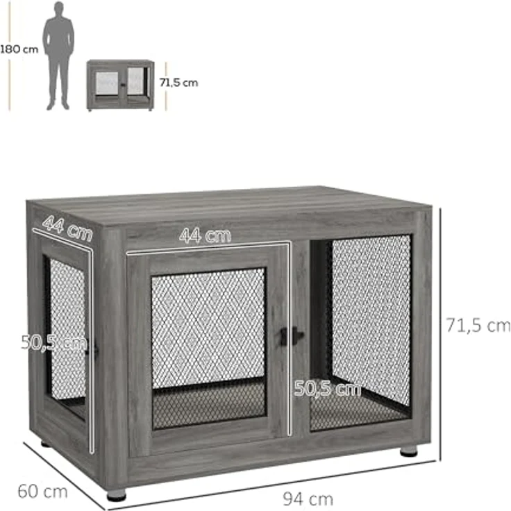 PawHut Hundekäfig für Zuhause, Hundebox mit 2 Türen, Waschbarem Kissen, Verstellbaren Füßen, für große Hunde bis 30 kg, Grau, 94 x 60 x 71,5 cm – Bild 5