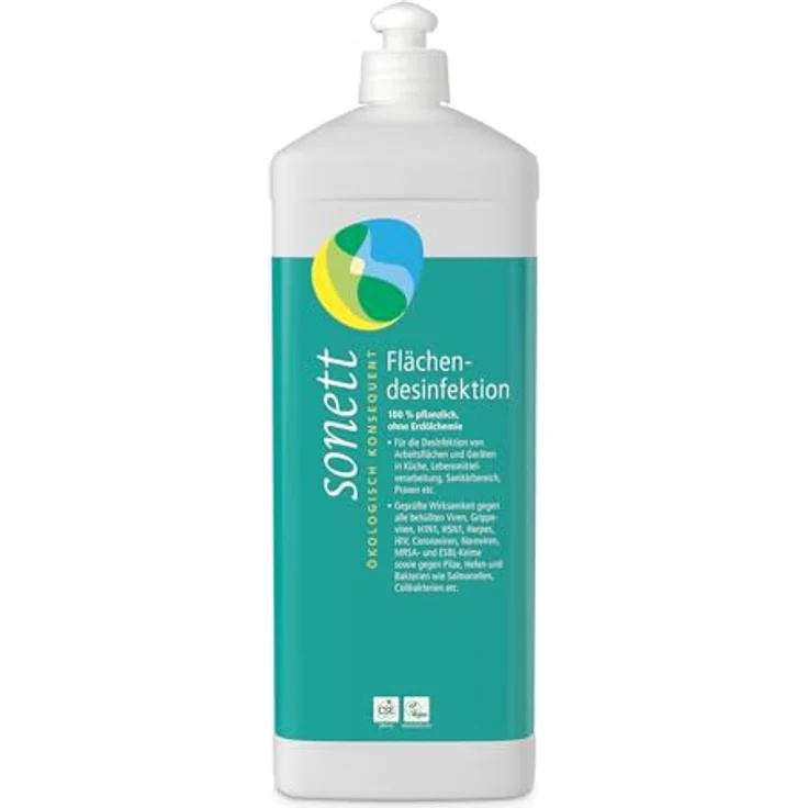 Sonett Flächendesinfektion Nachfüllflasche 1L Allzweckreiniger, geprüfte Wirksamkeit gegen behüllte Viren, Grippeviren, H1N1, H5N1, Herpes, HIV, Noroviren, MRSA- und ESBL-Keime - pflanzliche Inhaltsstoffe – Bild 2