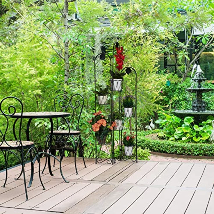 Relaxdays Blumenständer Metall, Paravent für Blumentöpfe, 6 Ablagen, Blumentreppe Indoor & Outdoor, H: 140 cm, schwarz – Bild 2