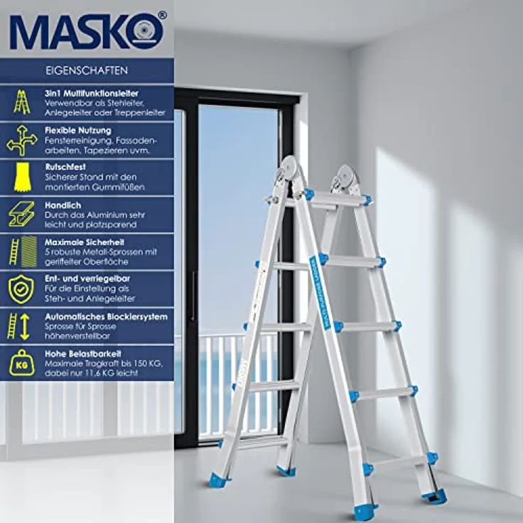 Masko Aluminium Teleskopleiter Multifunktionsleiter Aluleiter Klappleiter Anlegeleiter 5.10m - 4x5 Sprossen Silber-Blau – Bild 2