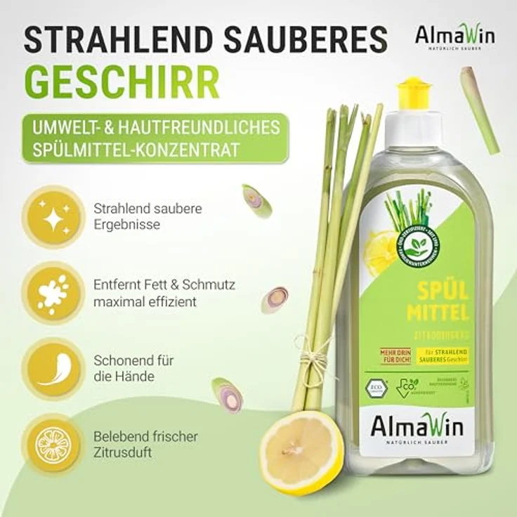 Almawin Spülmittel Zitronengras 500ml, hochkonzentriertes Geschirrspülmittel mit frischem Zitrusduft, klimaneutral und vegan – Bild 2