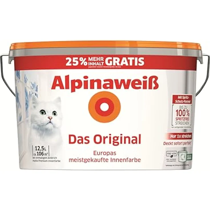 Alpina Wandfarbe 'Das Original', weiße matte Wandfarbe, 12,5 l, frei von Löse- und Konservierungsmitteln, mit Spritzschutzformel – Bild 2