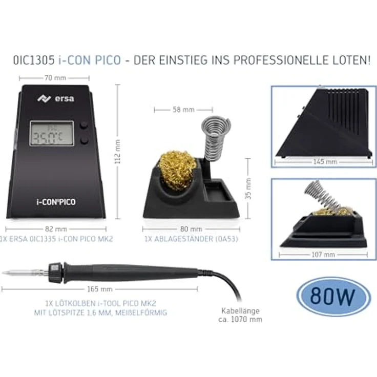 ERSA i-CON PICO MK2 Lötstation 80 Watt 150-450°C digitale Lötstation mit federleichtem und ergonomischem i-TOOL PICO MK2 Lötkolben mit TIP`N TURN Wechsel + 1,6 mm Lötspitze mit Auto-Standby – Bild 3