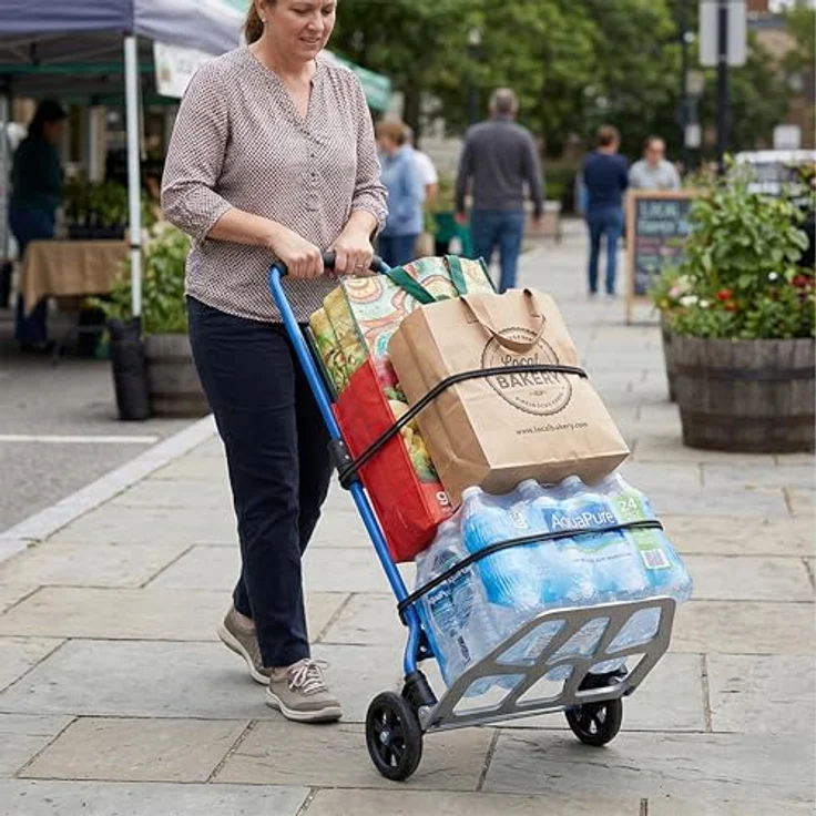 relaxdays Klappbare Sackkarre bis 120 kg, stabiler Stahlrahmen mit Teleskopgriff, blau – Bild 2