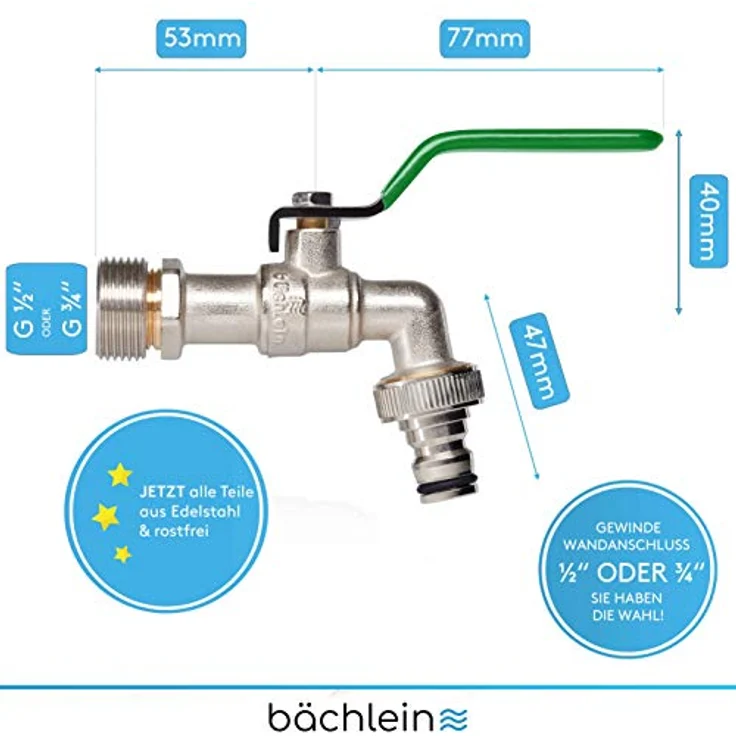 Bächlein Universal Wasserhahn für den Garten [grün] inkl. 2 Schlauchanschlüssen - edler Kugelhahn mit 1/2 und 3/4 Zoll Anschluss, Auslaufhahn aussen – Bild 4