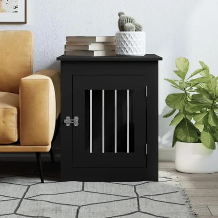 vidaXL Hundekäfig im Möbelstil, Abschließbar Hundebox mit Tür, Hundehütte Beistelltisch mit 2-in-1-Funktion, Hundehaus Haustierkäfig, Schwarz 55x75x65 cm Holzwerkstoff – Bild 3