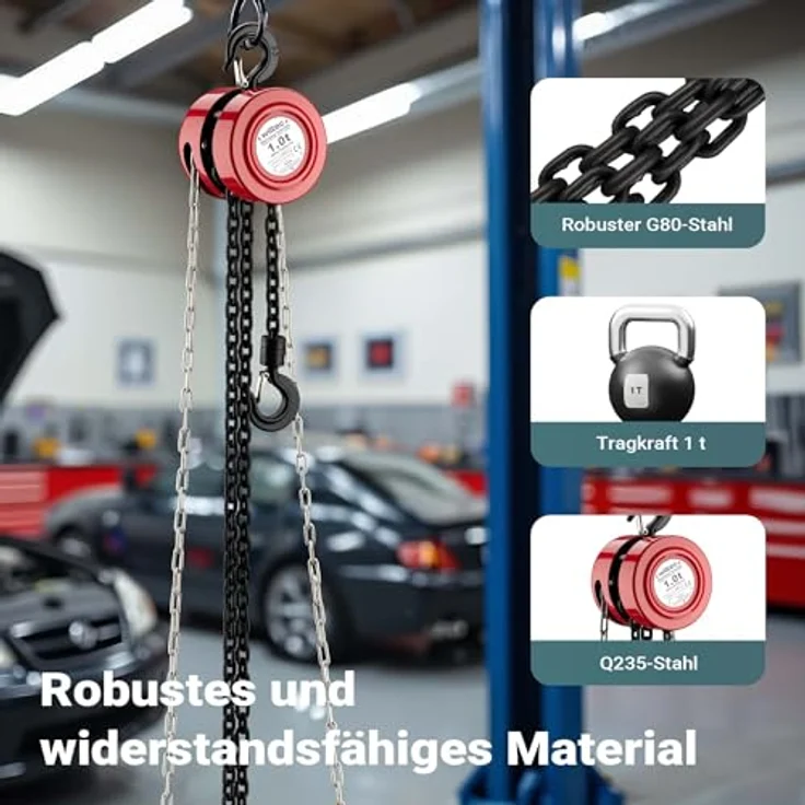 Wiltec Kettenzug 1000Kg 1T 3M, Flaschenzug mit drehbarem Lasthaken und robuster Stahlkonstruktion – Bild 7