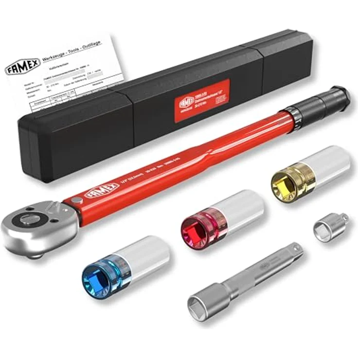 FAMEX 10886-3-RS-KS Drehmomentschlüssel 1/2" (12,5mm) 30-210 Nm +/- 3%, mit Kalibrierschein, für Auto Motorrad SUV Van, inkl. 3 Stecknüsse/Schoneinsätze – Bild 1