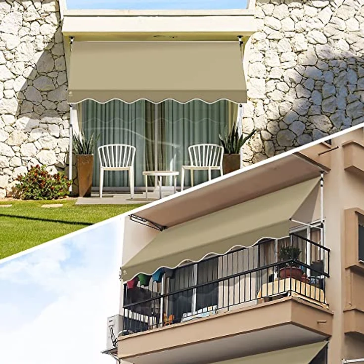 VOUNOT Klemmmarkise Balkon mit Handkurbel, höhenverstellbar Balkonmarkise ohne Bohren, UV-beständig, Wasserdicht & Sonnenschutz, 300 cm breit, Beige – Bild 2