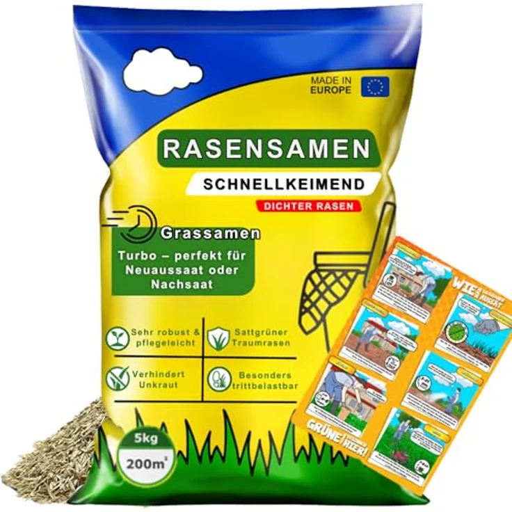ARPON Rasensamen Schnellkeimend Frühjahr, 5kg für 200m², robust & pflegeleicht, dichtes, sattgrünes Gras für Neuaussaat & Nachsaat – Bild 1