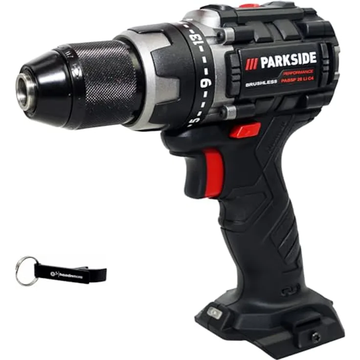 PARKSIDE PERFORMANCE® 20V Akku Bohrschrauber PABSP 20, bürstenloser Motor, 2-Gang-Getriebe, 21 Drehmomentstufen, ohne Akku, im HEADNMORE® Bundle mit Schlüsselanhänger