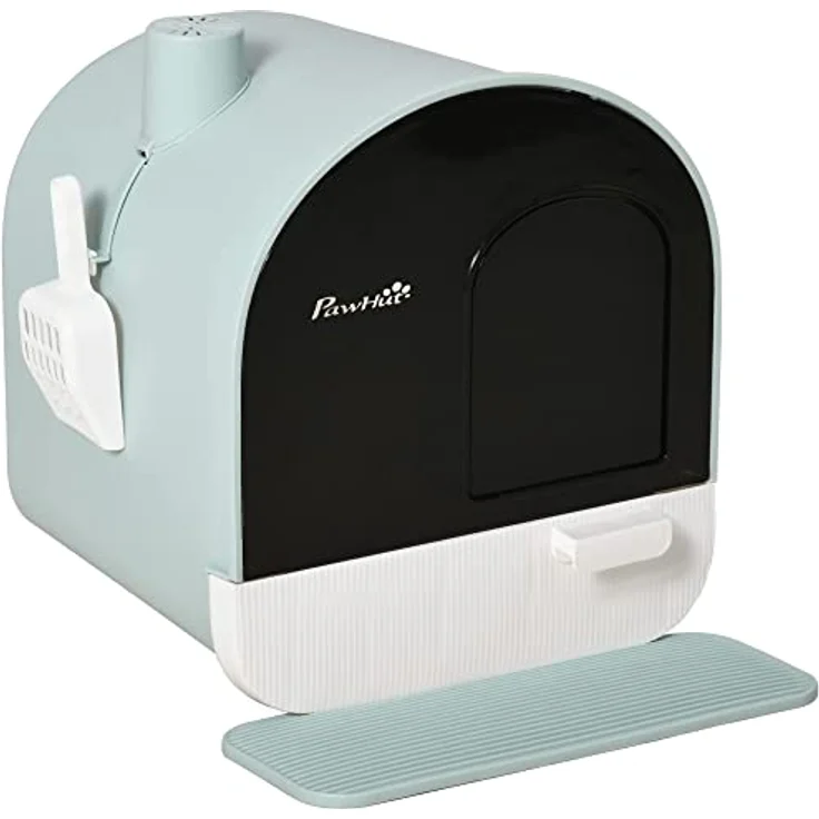 PawHut Katzentoilette Toilette mit Haube für Katzen bis 5 kg Katzenklo mit Deckel inkl. Schaufel ausziehbares Tablett Katzenstreu Matte Kunststoff Grün 43 x 44 x 47 cm – Bild 1