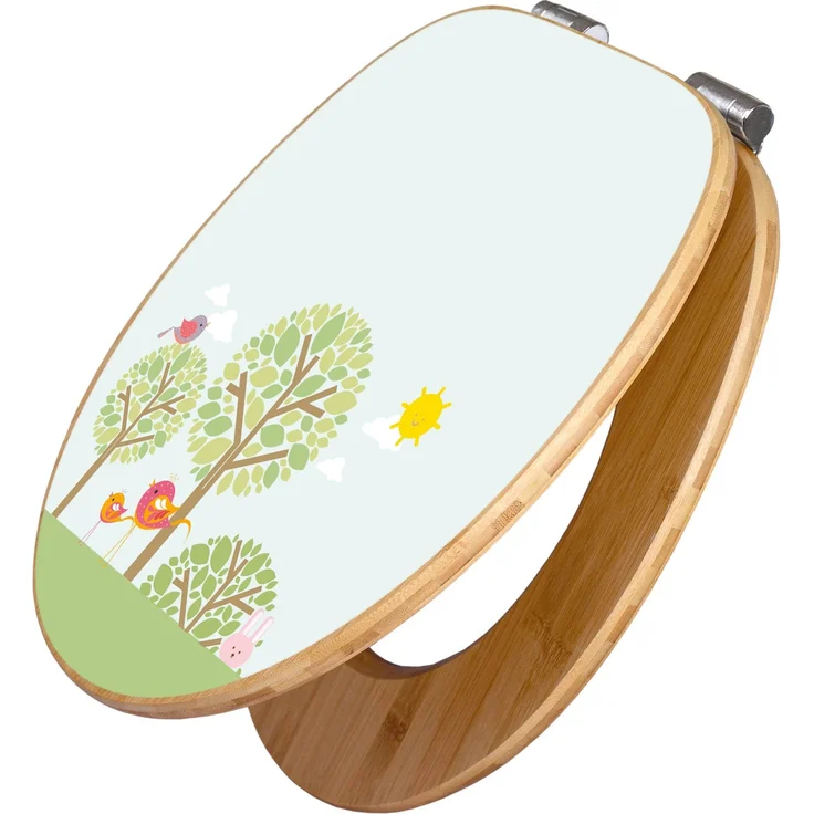 Banjado Bambus WC Sitz, Toilettendeckel mit Absenkautomatik, Motiv Drei Bäume, universal passend, 45,8x37,5cm
