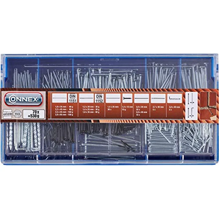 Connex Nagel-Sortiment 70-teilig + 530 g - Nägel & Kammzwecken im Set - Vorsortiert in praktischer Kunststoffbox - Geeignet für Haus, Hobby & Werkstatt - Sortimentskasten - Sortimentsbox - DP8500010 – Bild 2