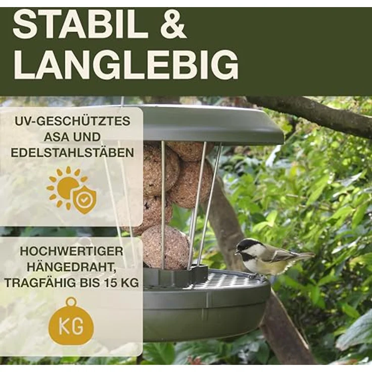 SWISSINNO Vogelfutterhaus zum Aufhängen – Lucerne SMART Birds - Meisenknödelhalter mit Auffangschale - Rattensicher - Futterstation für 7 Meisenknödel - Hellblau – Bild 4
