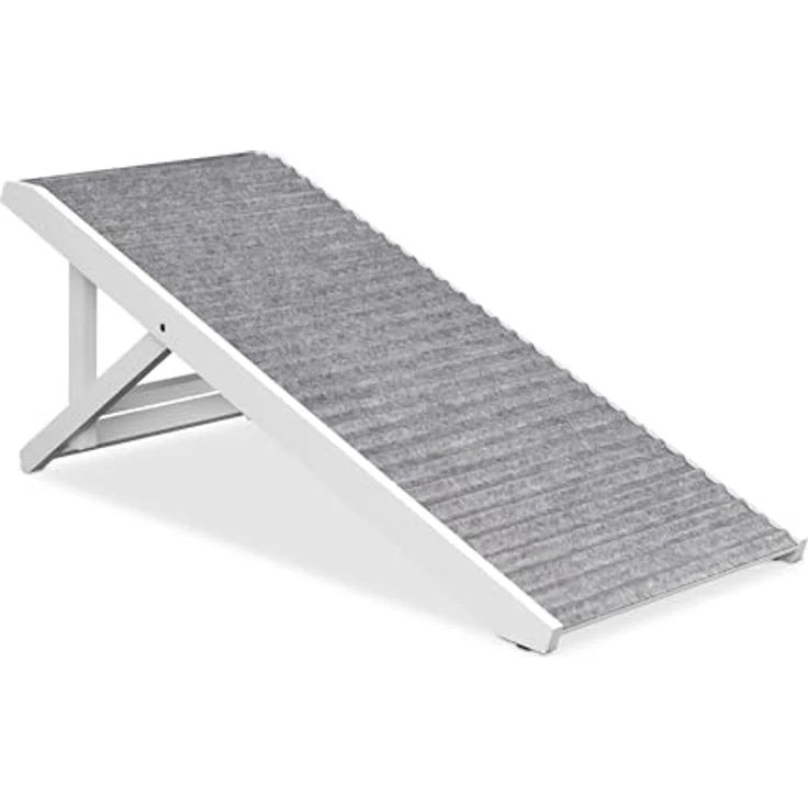 Relaxdays Hunderampe, höhenverstellbar 38–43 cm, klappbar, rutschfest, Holz, 35 kg, Hundetreppe Bett & Sofa, grau/weiß – Bild 1