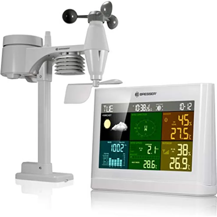 Bresser Wetterstation Funk mit Außensensor Wetter Center mit 5-in-1 Außensensor (Temperatur, Luftdruck, Luftfeuchtigkeit, Windmesser, Regenmesser), weiß