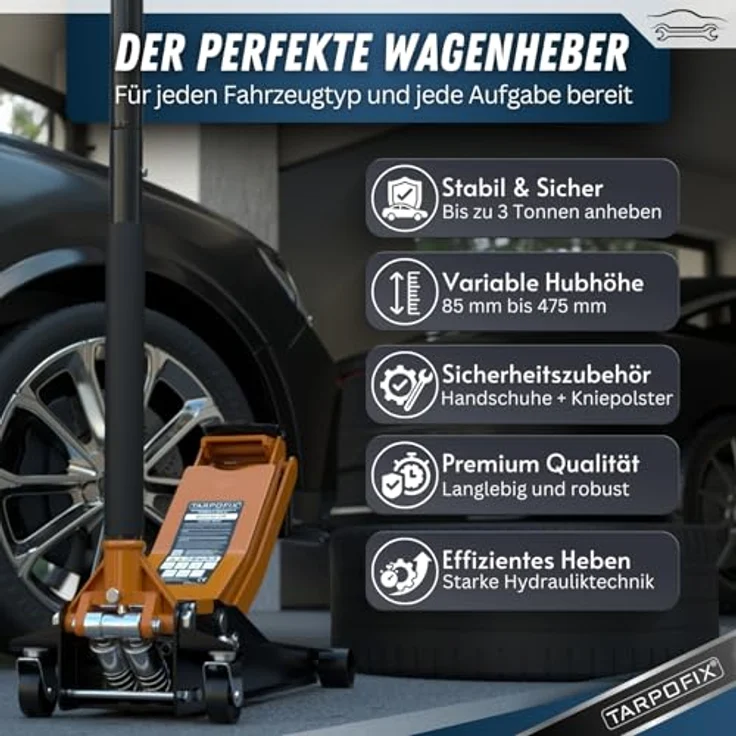 Tarpofix® Hydraulischer Wagenheber 3t mit Doppelzylinder, max. Hubhöhe: 50.5 cm, Robuster Hydraulikheber mit 75–505mm Hubhöhe – für SUVs & tiefe Autos – Bild 4