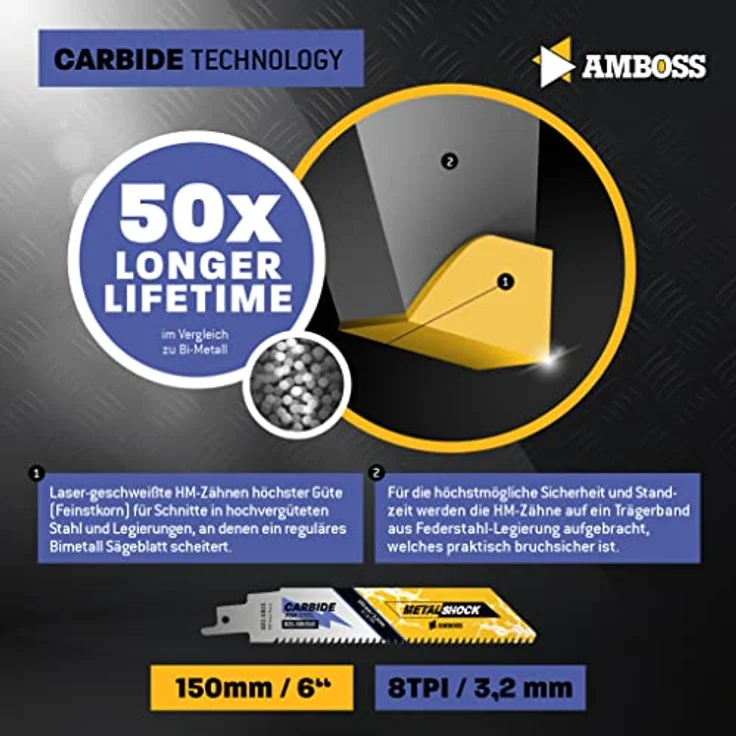 AMBOSS METAL SHOCK - 3x Säbelsägeblatt Länge 150 mm / 8 ZpZ - ideal für Abriss / Fahrzeugrettung / Aufbau / Demontage / Rohrleitungsbau - geeignet für Stahl (Rohre / Profile / Träger) sowie Gussrohre – Bild 4