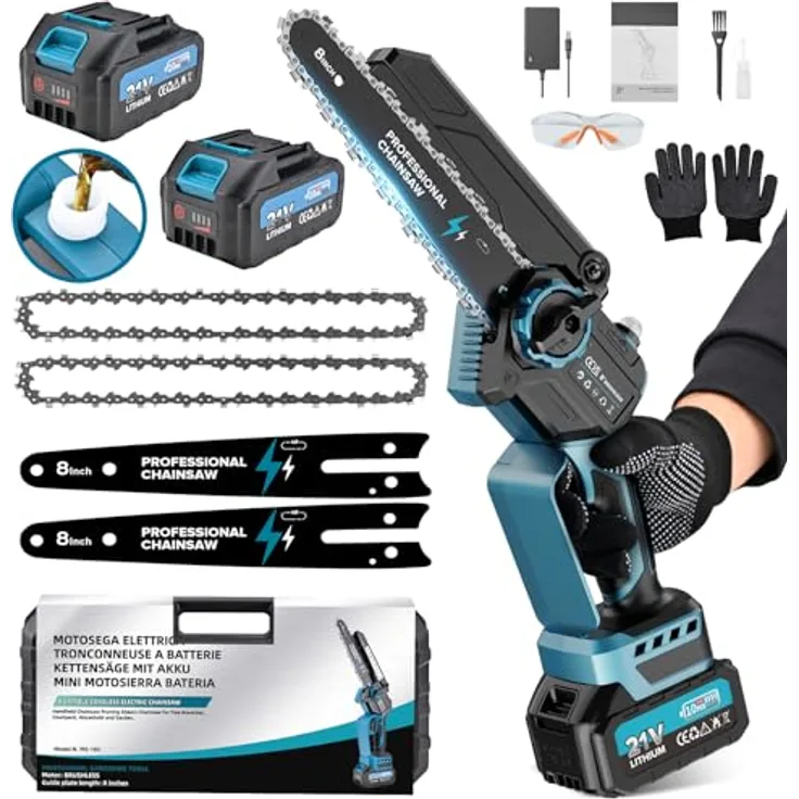 RINOXAR Mini Kettensäge PowerCut X7, 8“ Akku Motorsäge mit 2 x 4000mAh Akkus, 1200W bürstenlos, Einhand-Astsäge für Gartenarbeiten