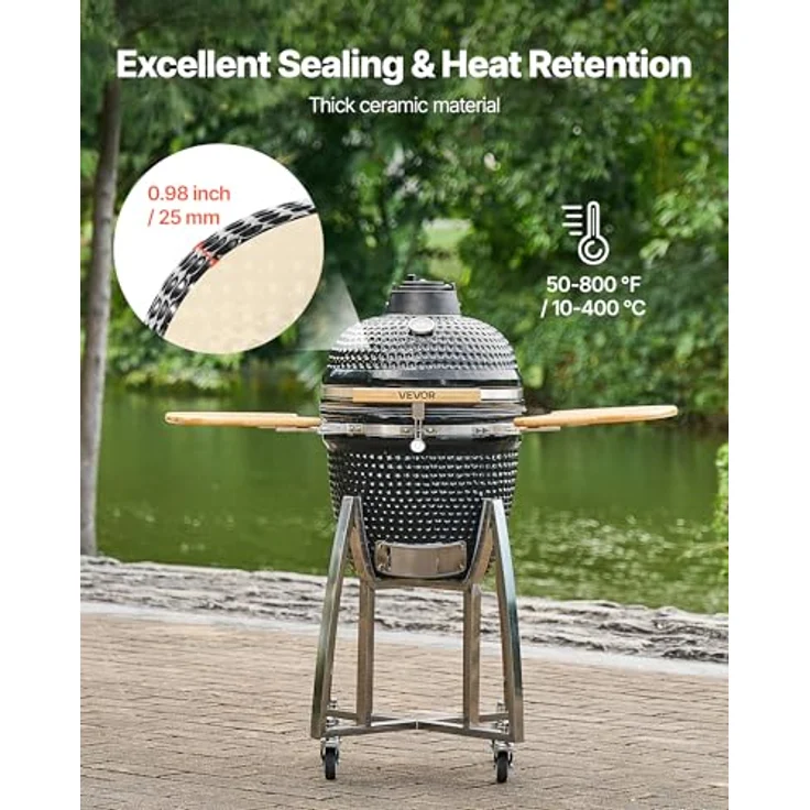 VEVOR Kamado Grill Ø 450 mm, Keramikgrill mit Holzgriffen, Seitenablagen, Metallstand mit Rollen & Thermometer bis 400°C, für BBQ, Grillen, Kochen & Backen Outdoor – Bild 3