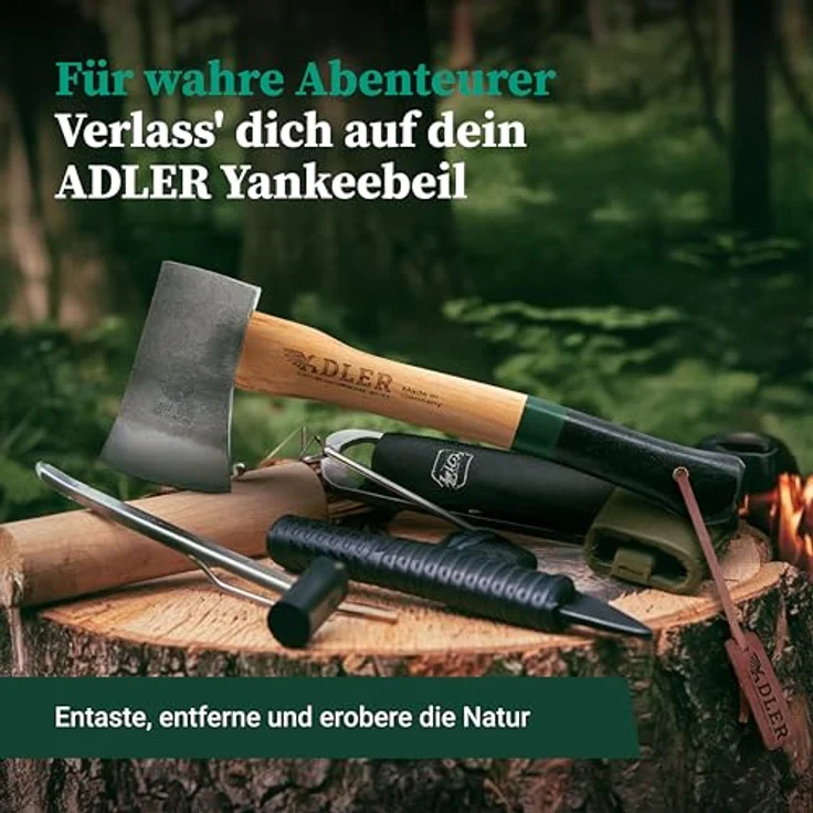Adler Yankeebeil inkl. Lederschutz: Geschmiedetes Holzbeil aus C60-Stahl, Anti-Rutsch Griff, Survival Axt für Camping & Wandern, Braun/schwarz, 650 g – Bild 3