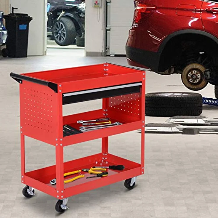 HOMCOM Werkzeugwagen Werkstatt-Rollwagen, 3 Ebenen, max. Traglast 60 kg, schwarz-rot, 82 x 35 x 76 cm – Bild 2