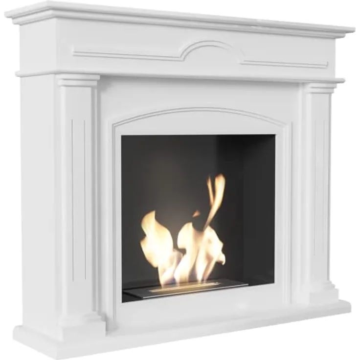 KRATKI December Indoor Bio Ethanol Portalkamin | Freistehende Feuerstelle | MDF-Gehäuse mit Stahleinsatz, Biocontainer 0,75 l, TÜV-geprüft | 107 x 115 cm, Weiß