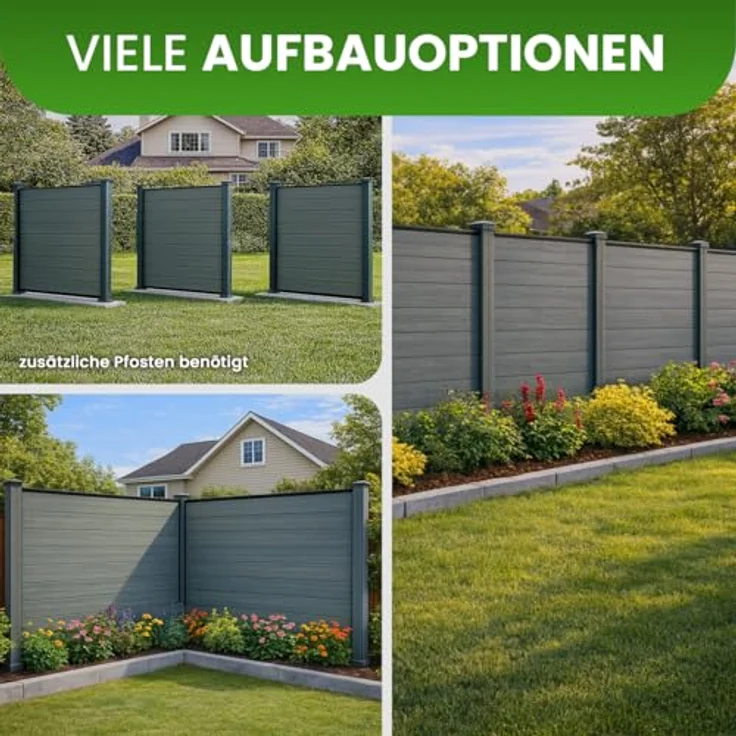 Gartenwelt Riegelsberger WPC-Sichtschutzzaun grau Komplett-Set, 12,75m Länge, 7 Zaunelemente mit 8 Pfosten und Montagematerial – Bild 6