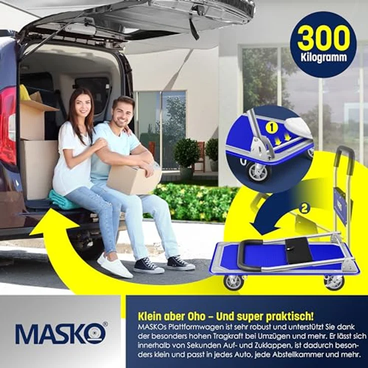 MASKO Transportwagen, Klappbarer Plattformwagen mit robustem Stahlrahmen, 300 kg Tragkraft, inklusive Arbeitshandschuhe – Bild 4