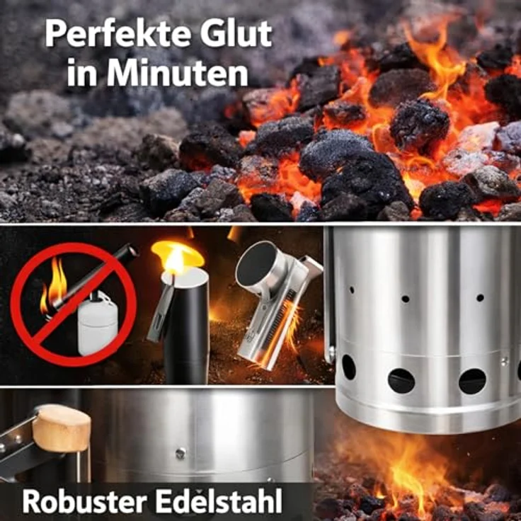 Anzündkamin aus Edelstahl für Kohle und Briketts - 17cm Durchm. - 27cm hoch - Hitzeschutz – Bild 4