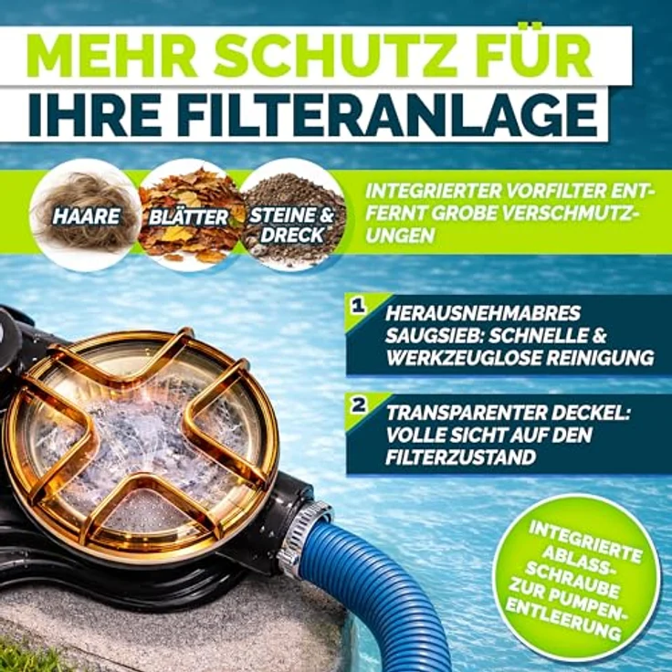 tillvex Sandfilteranlage 13.200L/h, selbstansaugend mit 1200g Filterbällen, 7-Wege Ventil und 2-in-1 Adapter Ø32-38mm für Pools bis 40.000L – Bild 6