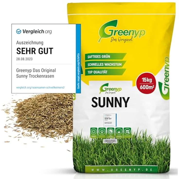 Greenyp® Sunny, dürreresistenter Trockenrasen, 15kg für 600m², schnellkeimend, hitzeresistent, pflegeleicht – Bild 1