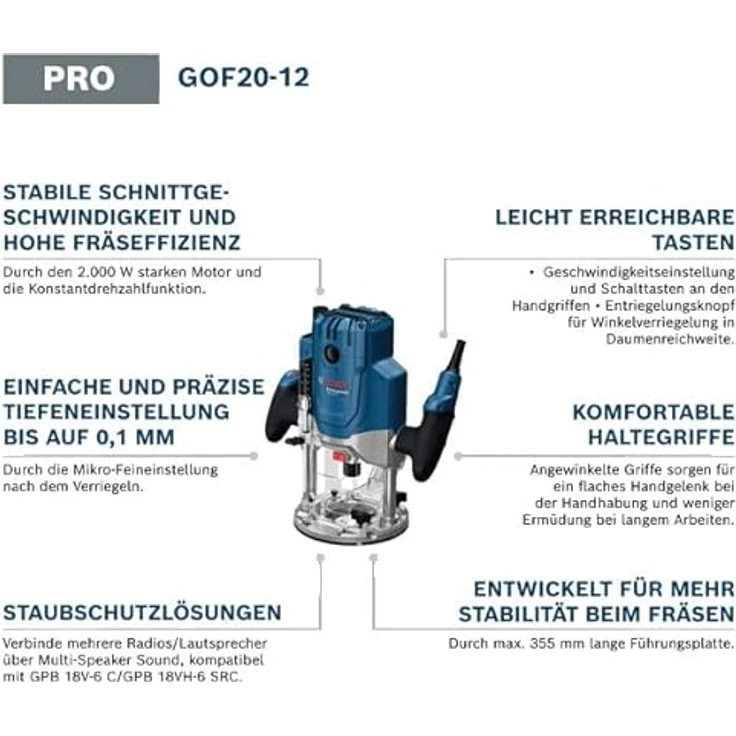 Bosch Professional GOF 20-12, kabelgebundene Oberfräse mit 2000W, Staubabsaugung, Rollenführung, Parallelanschlag und Spannzangen-Set – Bild 2