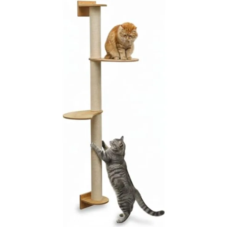 EYEPOWER Wandkratzbaum Luna 130 cm, Kletterbaum mit 2 Plateaus, stabiler Kratzbaum aus Sisal und massivem Bambus zur Wandmontage, ideal für Katzen