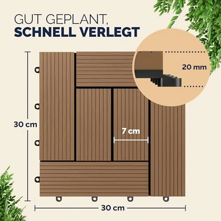WPC Fliesen 1m²-4m² Terrassenfliesen Set Holzfliesen 30x30cm Balkon Pool Garten 44x Mosaik terrakotta 4250525379877 – Bild 3