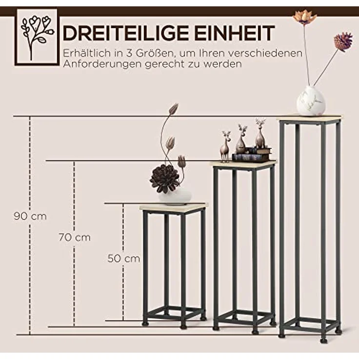 Outsunny Blumenständer im Industriedesign, 3er Set aus Stahl und Holzoptik, für Garten und Balkon, Schwarz+Natur – Bild 4