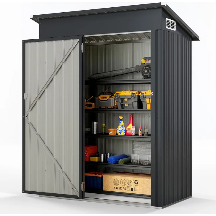GOPLUS Gerätehaus Metall 1,02 m², Geräteschuppen klein mit Pultdach, Schiebetür, Lüftungsfenster, dunkelgrau/grün, 1,88 m³ Lagerkapazität
