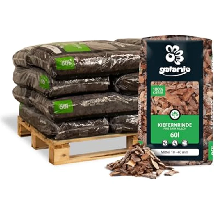 GALAMIO Kiefernrinde Kiefernmulch, Natur Rindenmulch 10-40mm für Garten, 60l Sack, 720l Palette, rotbraun, langlebig und unkrauthemmend – Bild 1