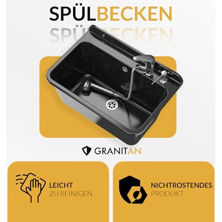 Granitan Ausgussbecken - Polypropylen Waschtrog mit Siphon - 61x41x30 cm - Grau Lux – Bild 2