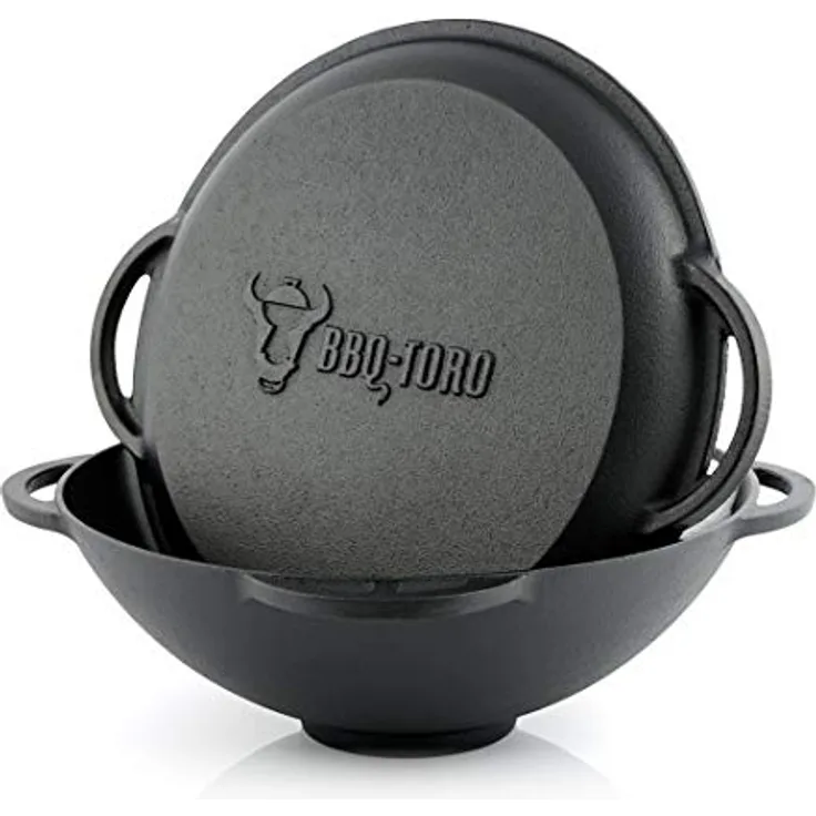BBQ-Toro Gusseisen Kazan mit Deckel I Traditioneller Gusstopf I Kasan mit abgeflachtem Boden I Grillwok schwarz