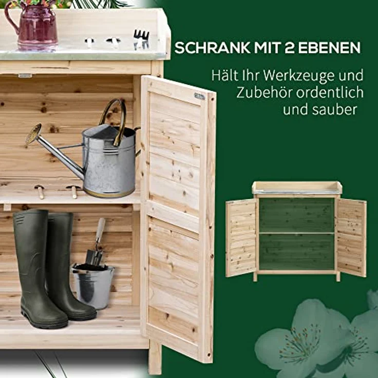 Outsunny Gartenschrank Pflanztisch mit Unterschrank Holz Geräteschrank Schrank mit 2 Einlegeböden Geräteschuppen Garten Schuppen Outdoor Natur 83 x 40 x 92 cm – Bild 4