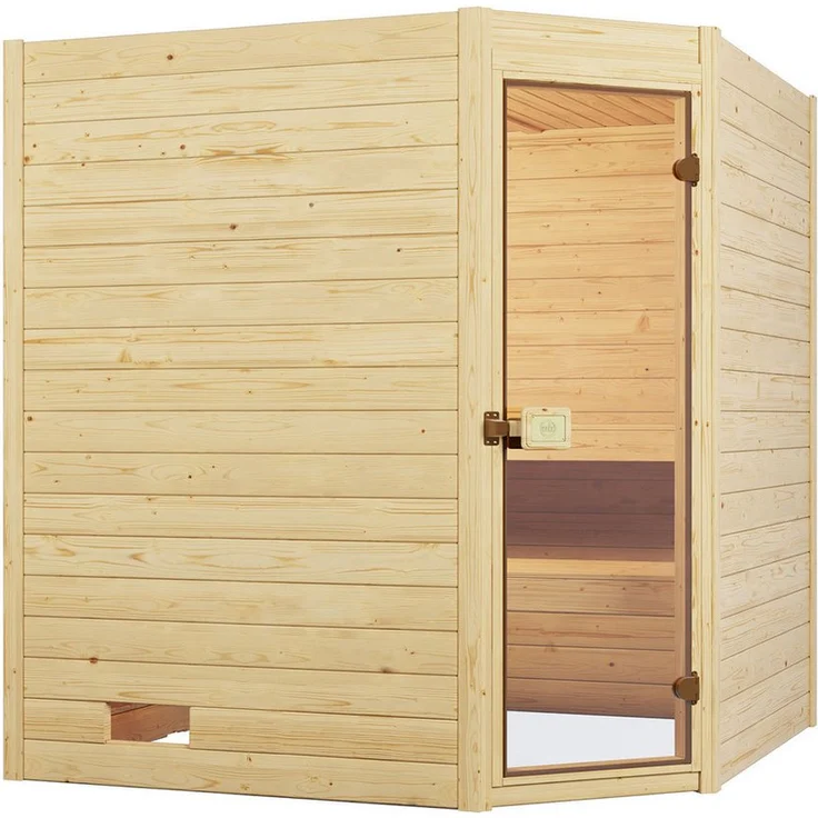 Weka Sauna Massivholzsauna VALIDA Eck 1.8, 38 mm Blockbohlen, Eckeinstieg, moderne Ganzglastür, naturbelassen