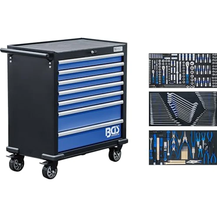 BGS TECHNIC Werkstattwagen XL 7 Schubladen, 301-teiliges Werkzeugset, pulverbeschichtet, extra breit, abschließbar, hochbelastbare Rollen – Bild 1