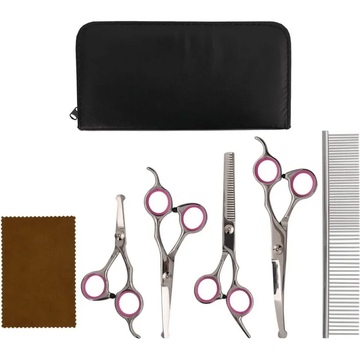 vidaXL Tierhaarentferner 5-tlg. Hundescheren-Set Edelstahl, Professionelles Pflegeset für behaarte Haustiere, Silbern/Rosa/Schwarz