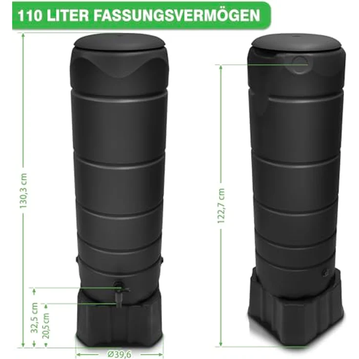 YourCasa Regentonne [CircleTower] 110L Anthrazit mit Standfuss, Deckel & Wasserhahn - Frostsicher aus Kunststoff - Modernes Design - Regensammler – Bild 3