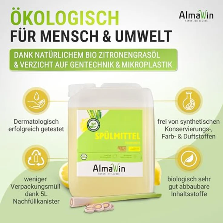 Almawin Spülmittel Zitronengras Kanister 5L, hochkonzentriertes Geschirrspülmittel mit frischem Zitrusduft, vegane Formel, klimaneutral, dermatologisch getestet – Bild 4